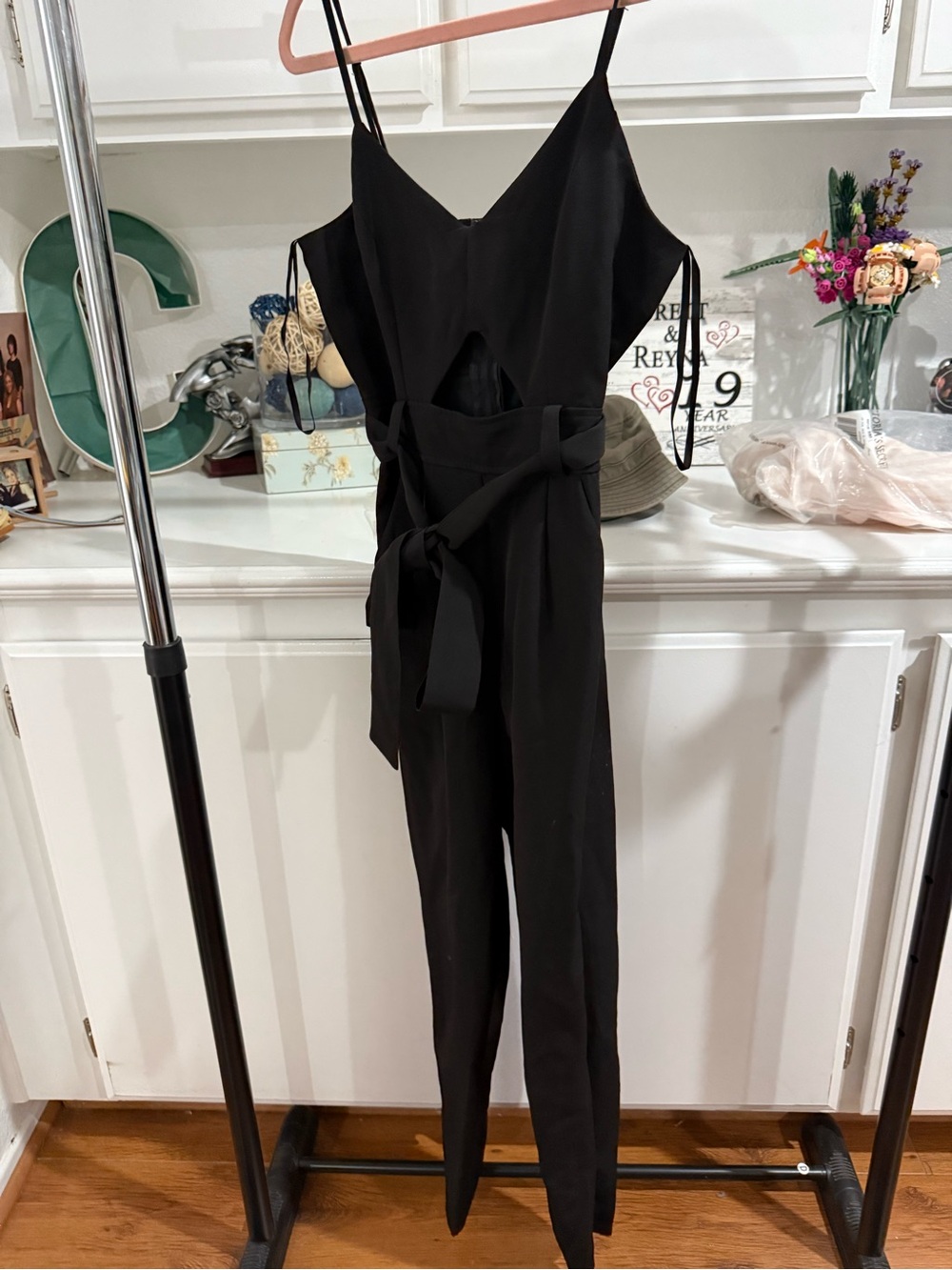Windsor Black Spaghetti-Strap Tie-Waist Jumpsuit with Cutout